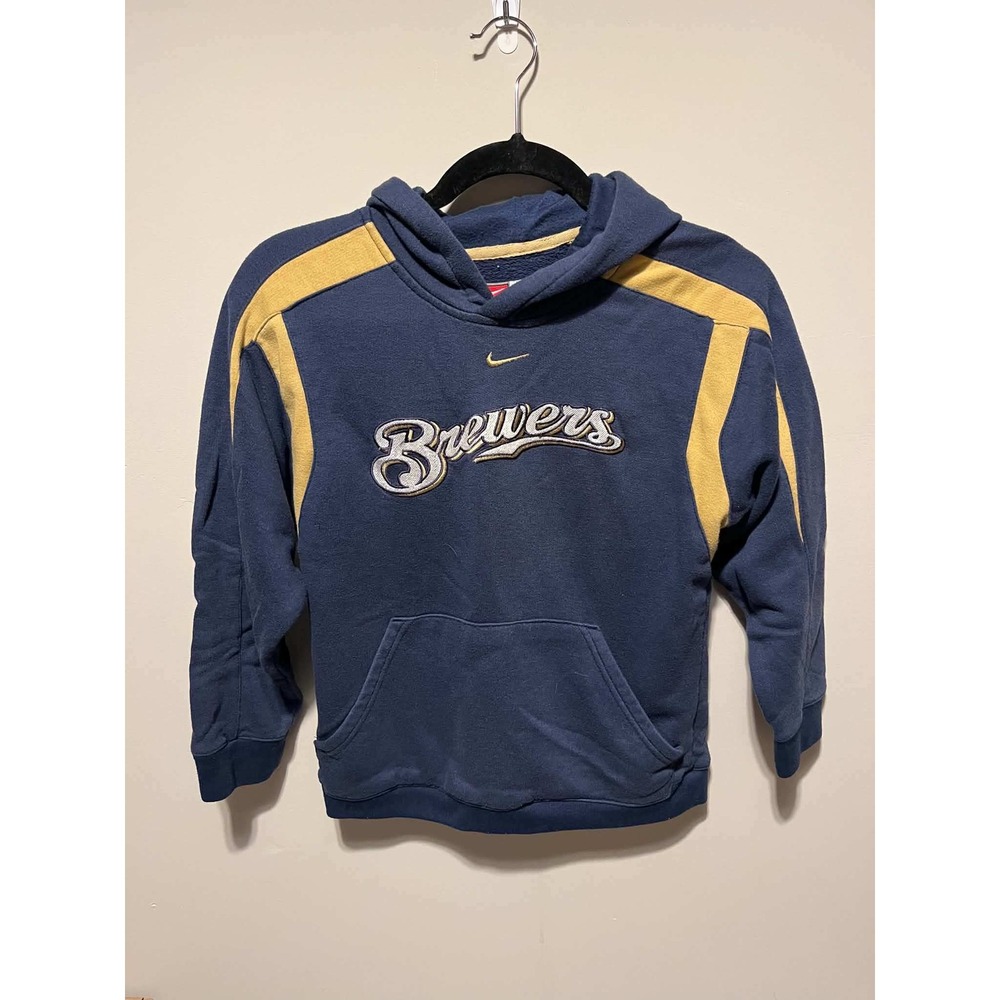 Nike Milwaukee Brewers Hoodie Youth Small Navy Blue Gold Embroidered Pullover